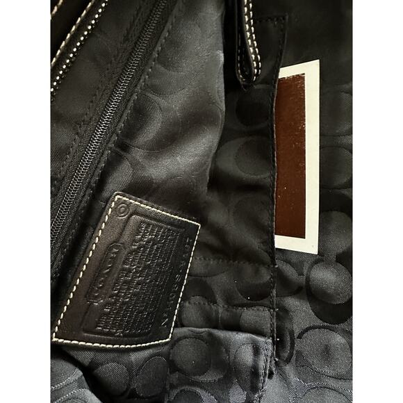 Coach Large Black Leather Shoulder Tote Bag Silver Hardware White Stitching - Picture 9 of 12